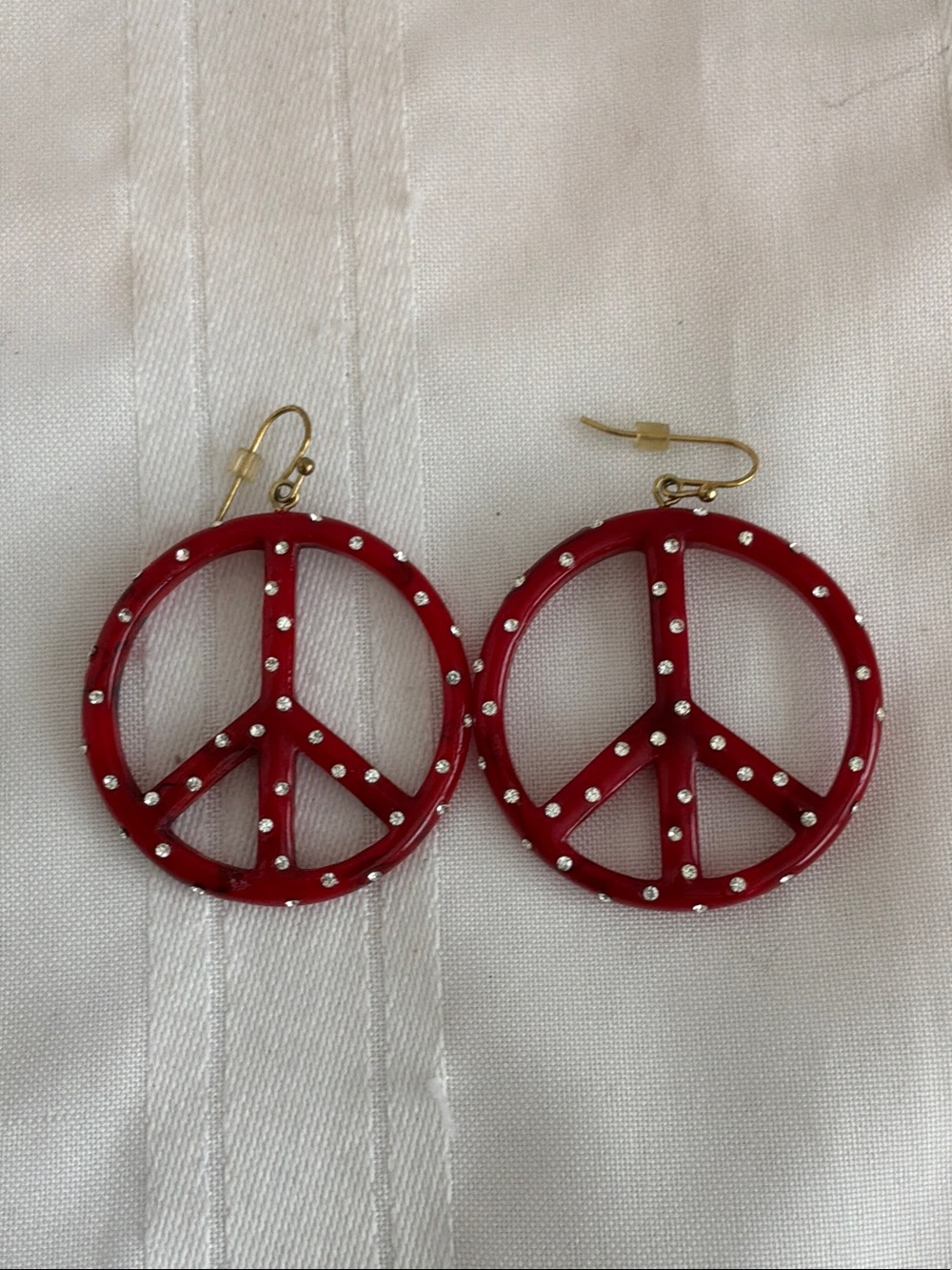 Red Peace Sign Dangle Earrings with Rhinestone Accents plastic